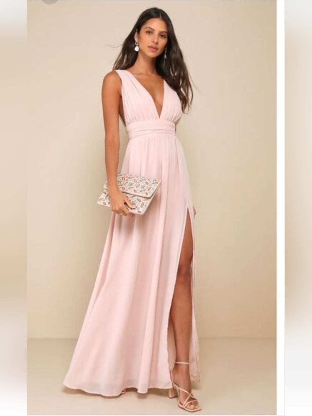 Lulu's Heavenly Hues Blush Pink V-Neck Maxi Dress Gown with High Slit Size XS